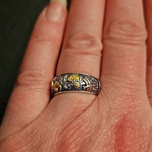 Sterling Silver, copper, and 18k gold mixed metal floral design ring Sz 5